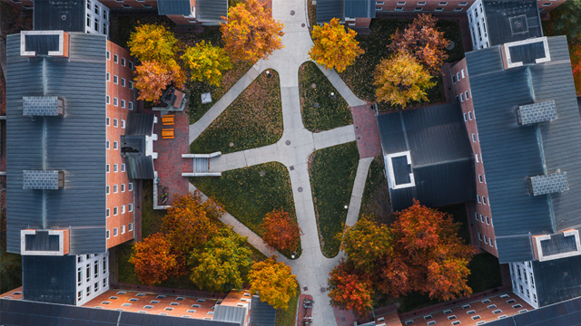 Aerial view of residence halls on campus