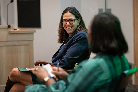 President Sian Leah Beilock smiling during conversation at Family Weekend 2024