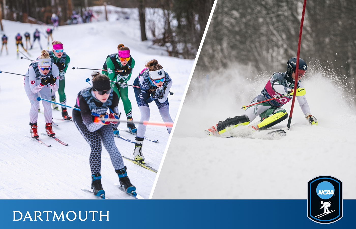 A side-by-side of Dartmouth skiers in action with the NCAA skiing championships logo in the bottom right.