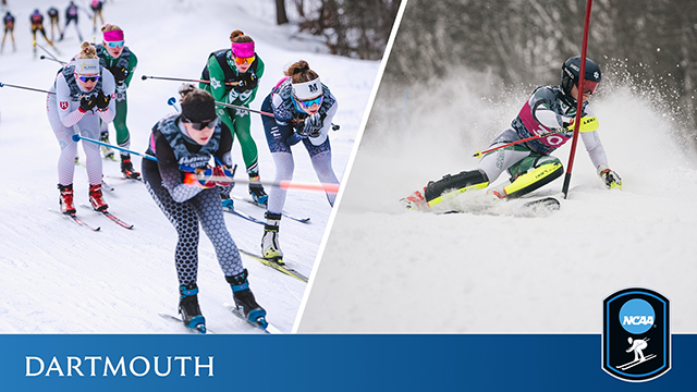 A side-by-side of Dartmouth skiers in action with the NCAA skiing championships logo in the bottom right.