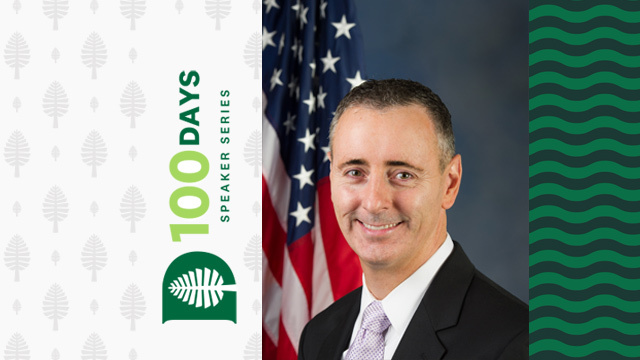 Photo of Brian Fitzpatrick with 100 Days speaker series logo