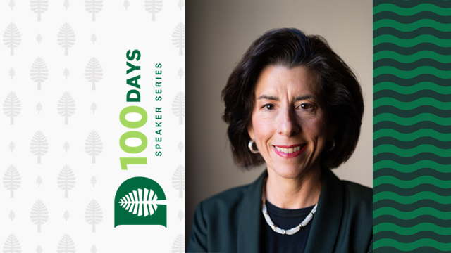 Photo of Gina Raimondo with 100 Days speaker series logo