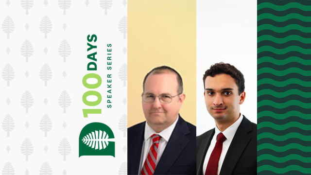 Photo of Stephen Vaughn and Dominic Pino with 100 Days speaker series logo
