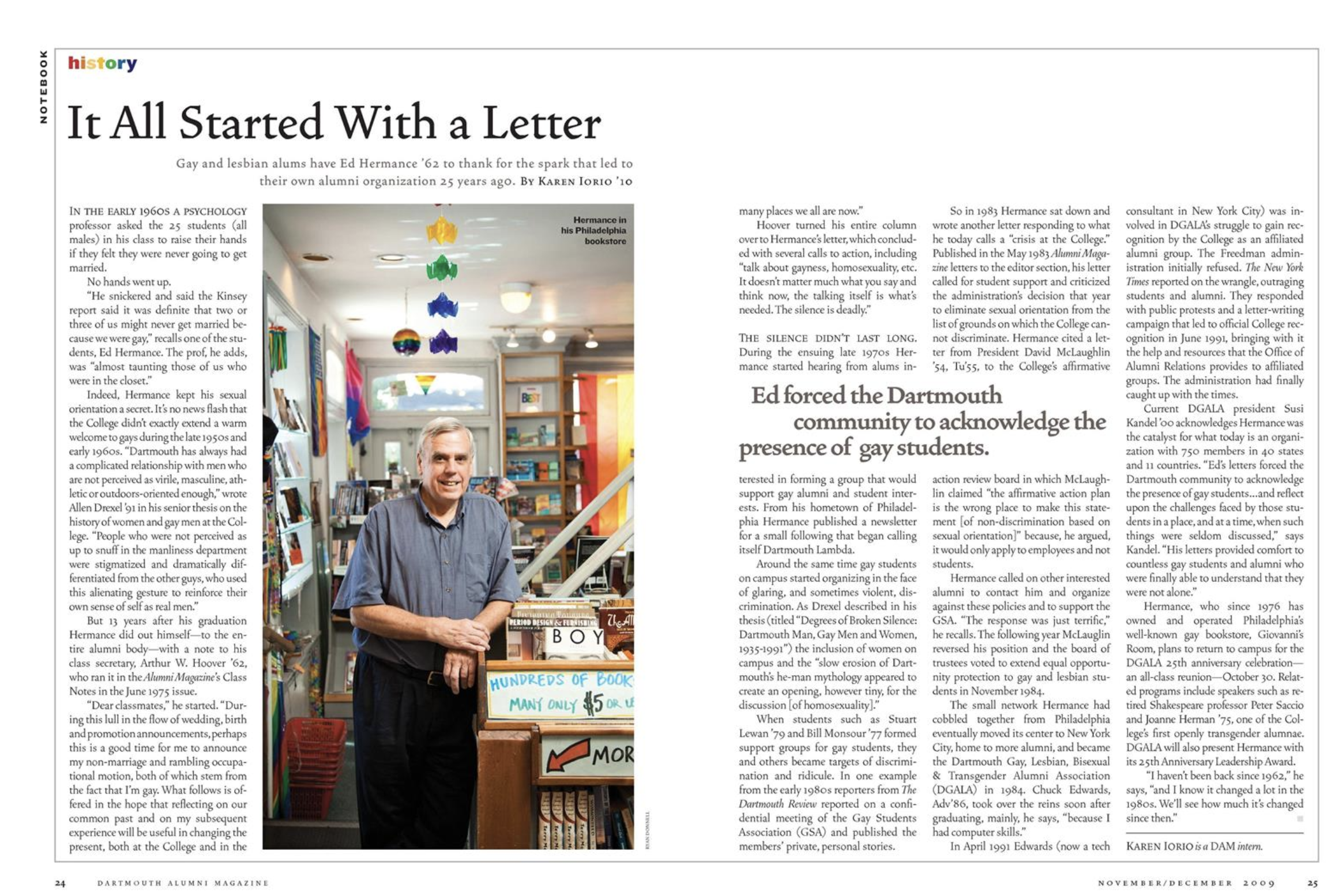 A page layout of the Dartmouth Alumni Magazine with a photo of Ed Hermance 62.