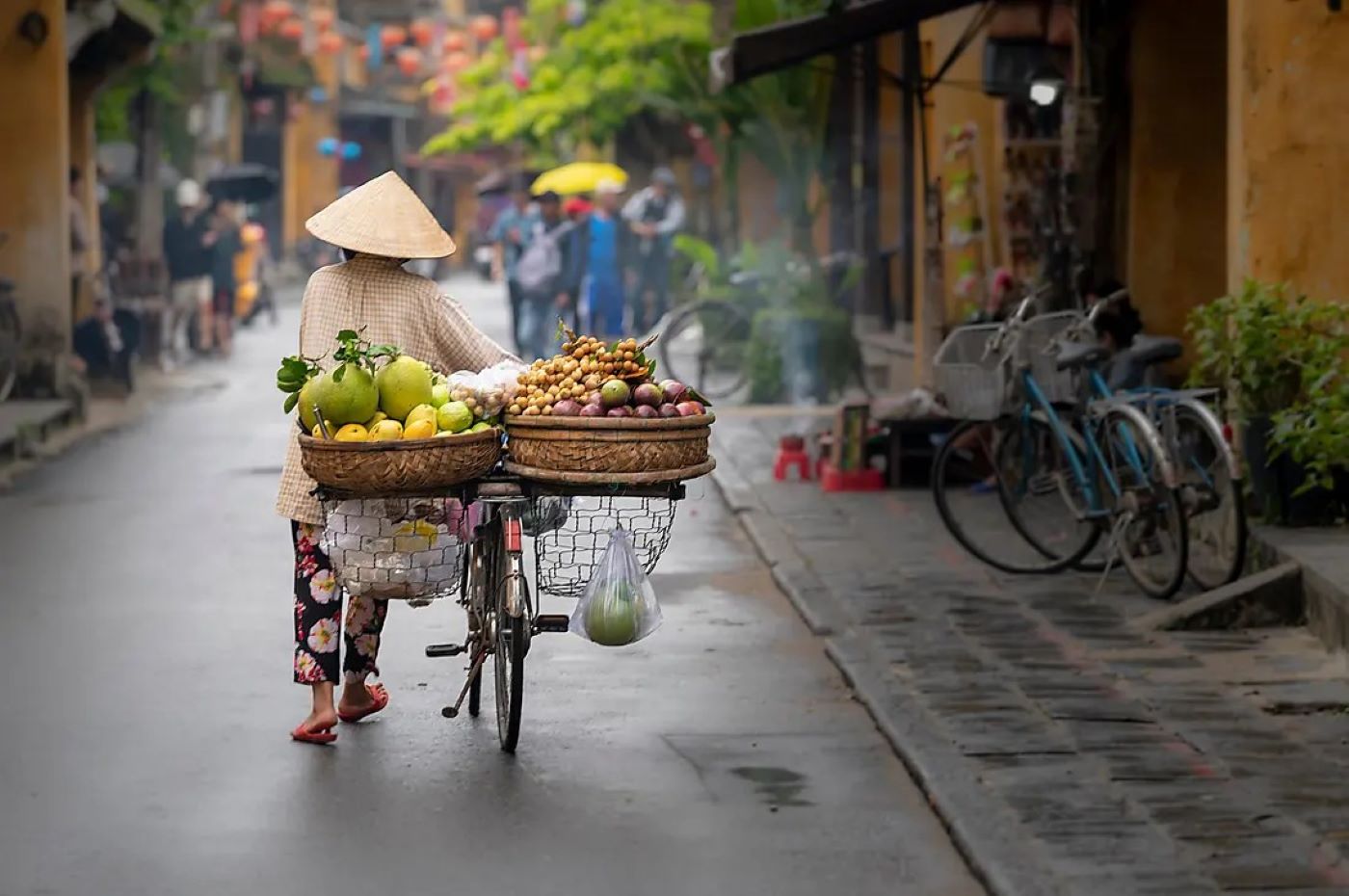 Bicyclist in Vietnam with Fruit Basket on Back of Bike