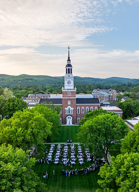 A drone image of the class of 1975's dinner reception on Baker Lawn