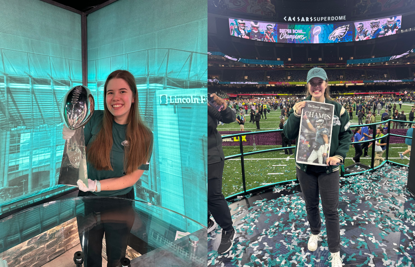An image of Isabel Pantle 23 posting with the Lombardi trophy beside a different image of Isabel holding a newspaper reading "Champs" celebrating the Eagles Super Bowl win.
