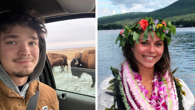 Henry Eberhart on the DuBray Family Buffalo Ranch and Harley Kell, wearing a traditional lei and lei po'o at Mascoma Lake