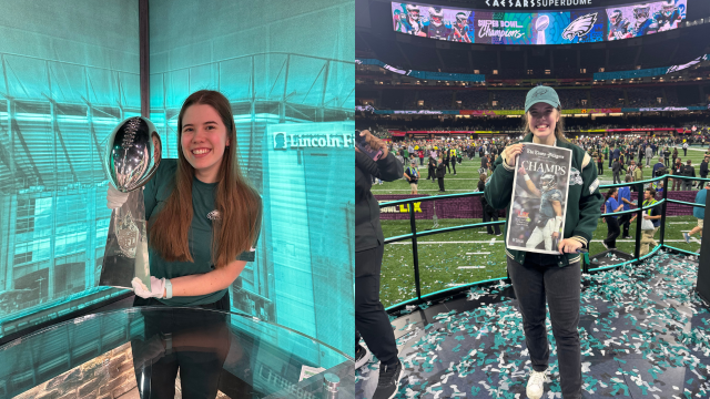 An image of Isabel Pantle 23 posting with the Lombardi trophy beside a different image of Isabel holding a newspaper reading "Champs" celebrating the Eagles Super Bowl win.