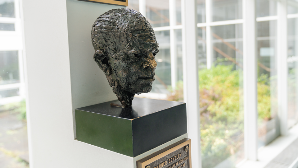 Warner Bentley bust in the Hopkins Center for the Arts, with a worn nose