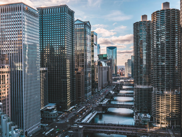 Aerial shot of Chicago River running through the city