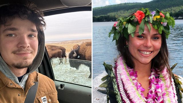 Henry Eberhart on the DuBray Family Buffalo Ranch and Harley Kell, wearing a traditional lei and lei po'o at Mascoma Lake