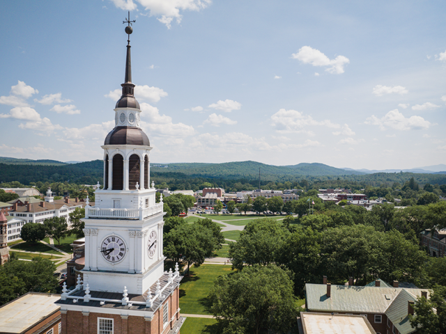 Aerial view of Baker Tower and campus in Hanover