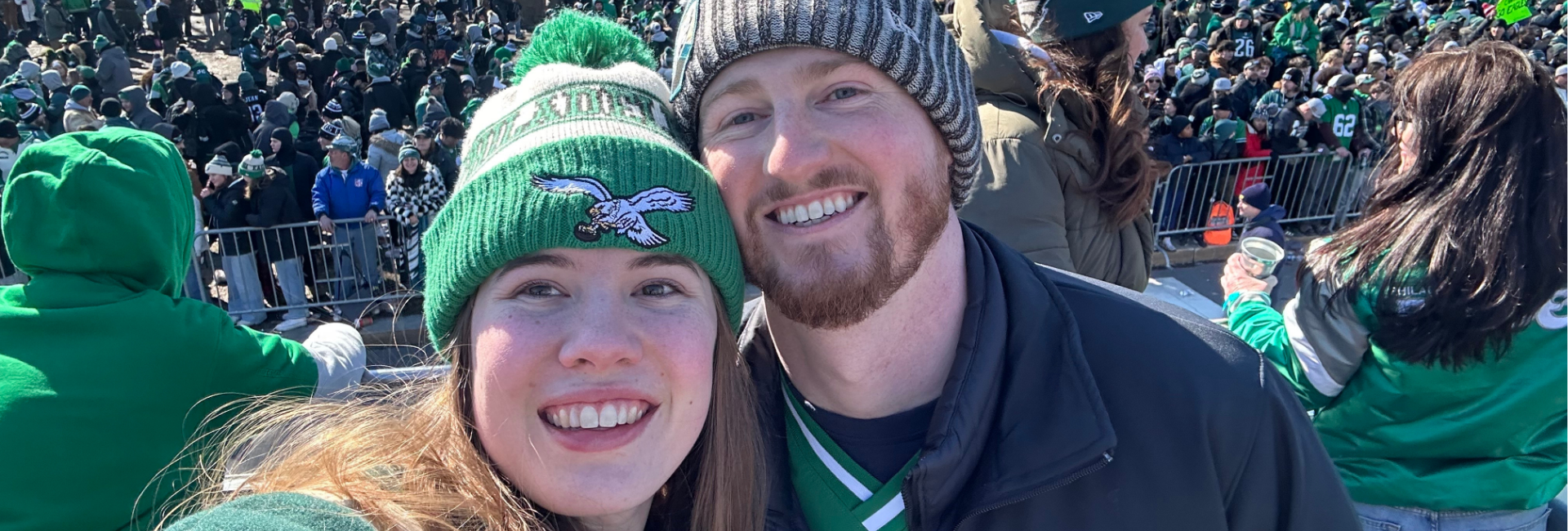 Isabel Pantle 23 and a companion taking a selfie at the Eagles Super Bowl parade. 