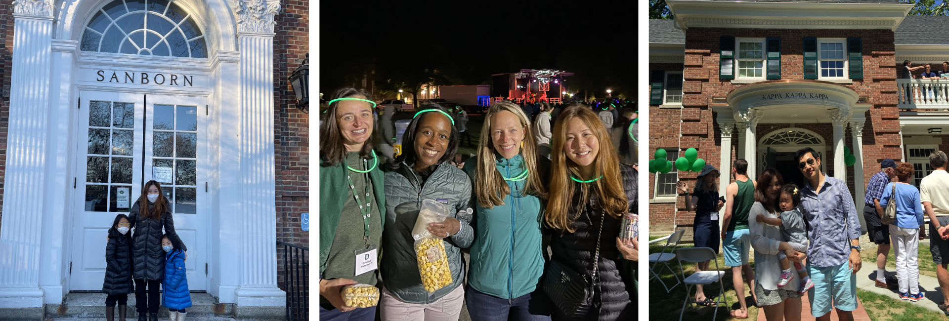 Three images of Frances Cha enjoying campus with her family during her Reunion visit. One is on the steps of Sanborn, one is on the Green at night with friends, and one is with her husband and daughter in front of the Tri-Kap house.