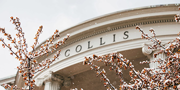 A photo of the outside of Collis with some frosted branches in front of it.
