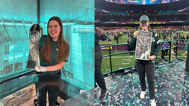 An image of Isabel Pantle posting with the Lombardi trophy beside a different image of Isabel holding a newspaper reading "Champs" celebrating the Eagles Super Bowl win.