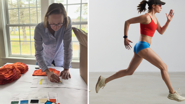 Sarah Weihman working at a table next to a woman running. 