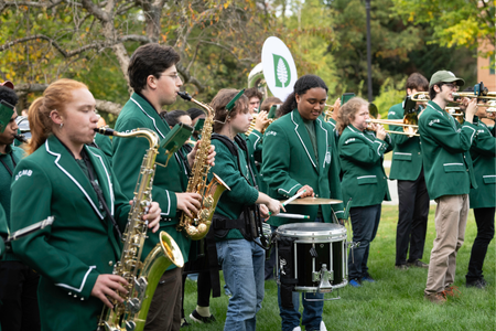 The Dartmouth College Marching Band playing.
