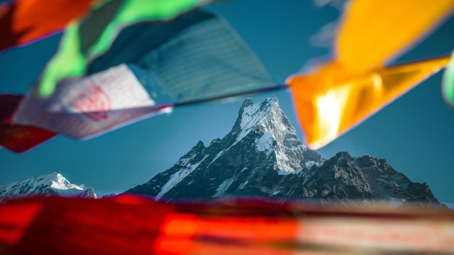 Mount Everest with flags