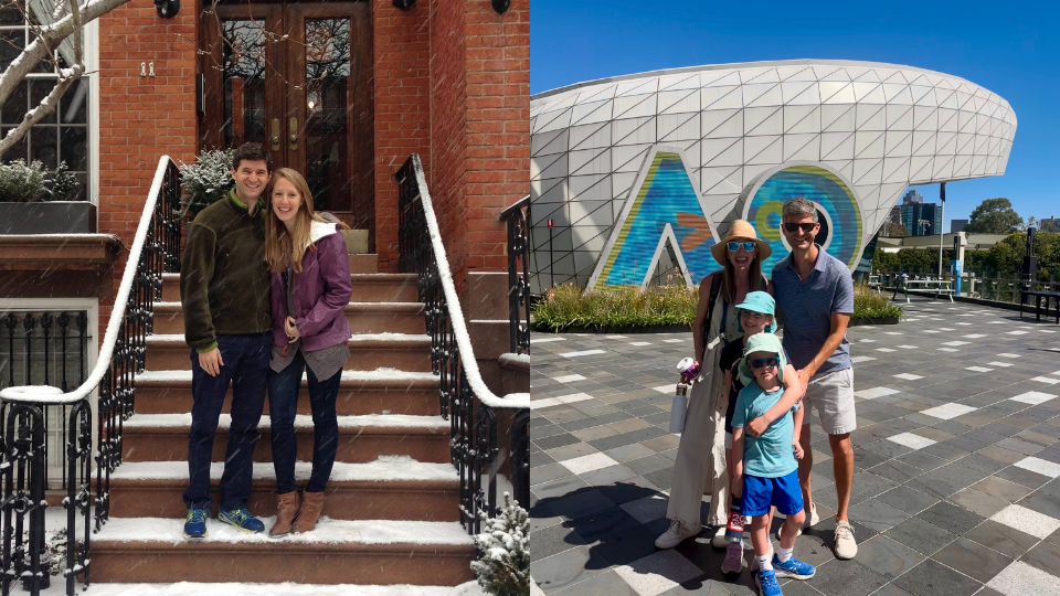 The couple in the snow on the steps of a brownstone, and posing on a family vacation with their children.