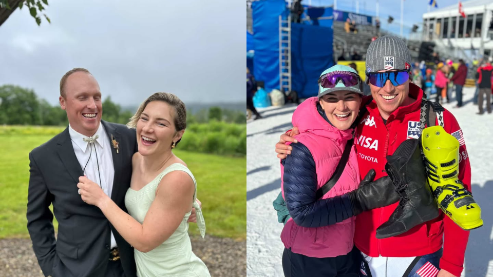 Mackenzie and Sam Morse in formal wear, and at a ski race.