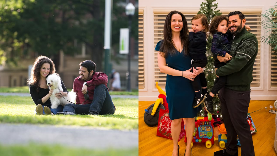 The couple sitting on the Green with their dog and the couple posing with their children in front of a Christmas tree.