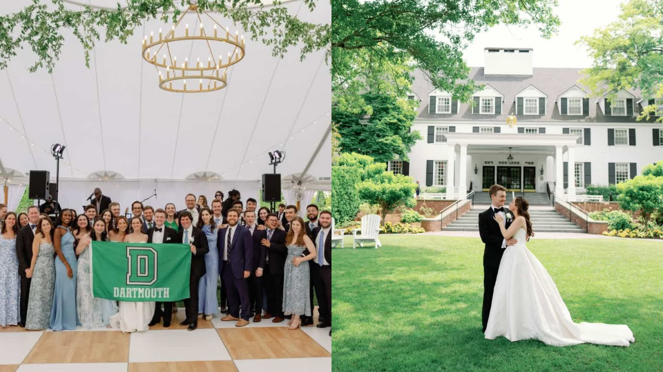 The couple at their wedding with a Dartmouth banner beside a photo of the couple kissing at their wedding.