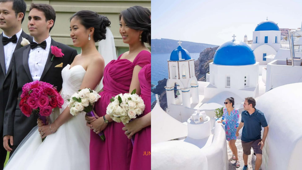 The couple at their wedding and vacationing in Greece.