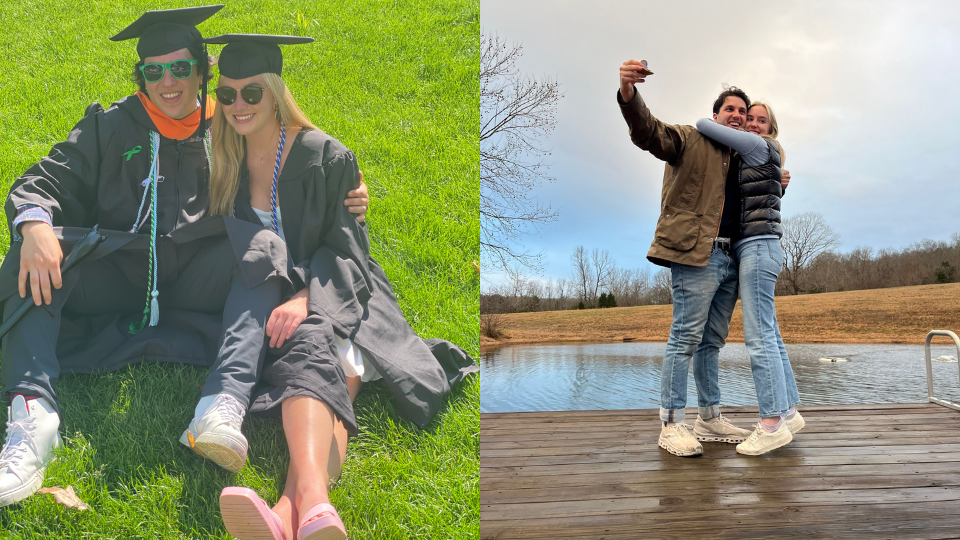 The couple seated on the grass in commencement regalia, and the couple posed on a dock taking a selfie.