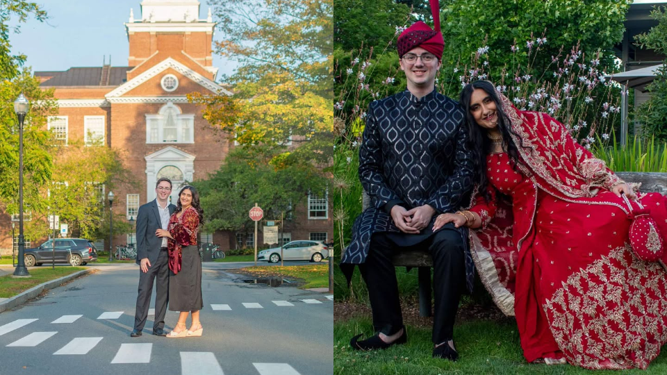 The couple posing on Tuck Mall with Baker in the background, and a wedding photo.