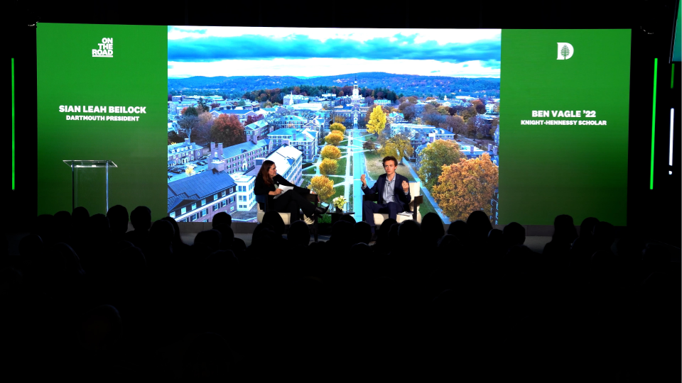 President Beilock seated on stage in conversation with Ben Vagle ’22
