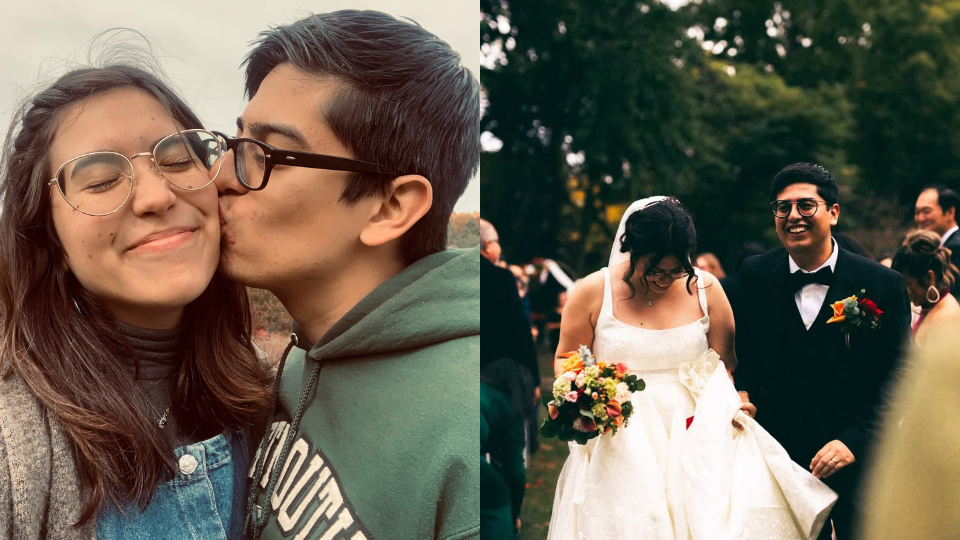 A photo of Andres kissing Itzel on the cheek beside a photo of the couple at their wedding.