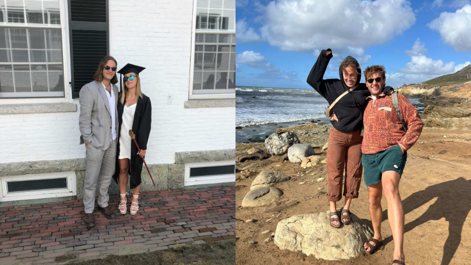 A photo of the couple at Lillian's commencement, she wears her graduation robe. A recent photo of the couple in a beautiful outdoor location on an adventure.