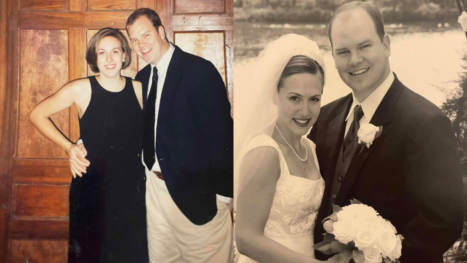 The couple at a greek house formal and at their wedding.
