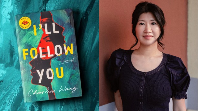 A side-by-side of Charlene Wang and the cover of her novel, I’ll Follow You.