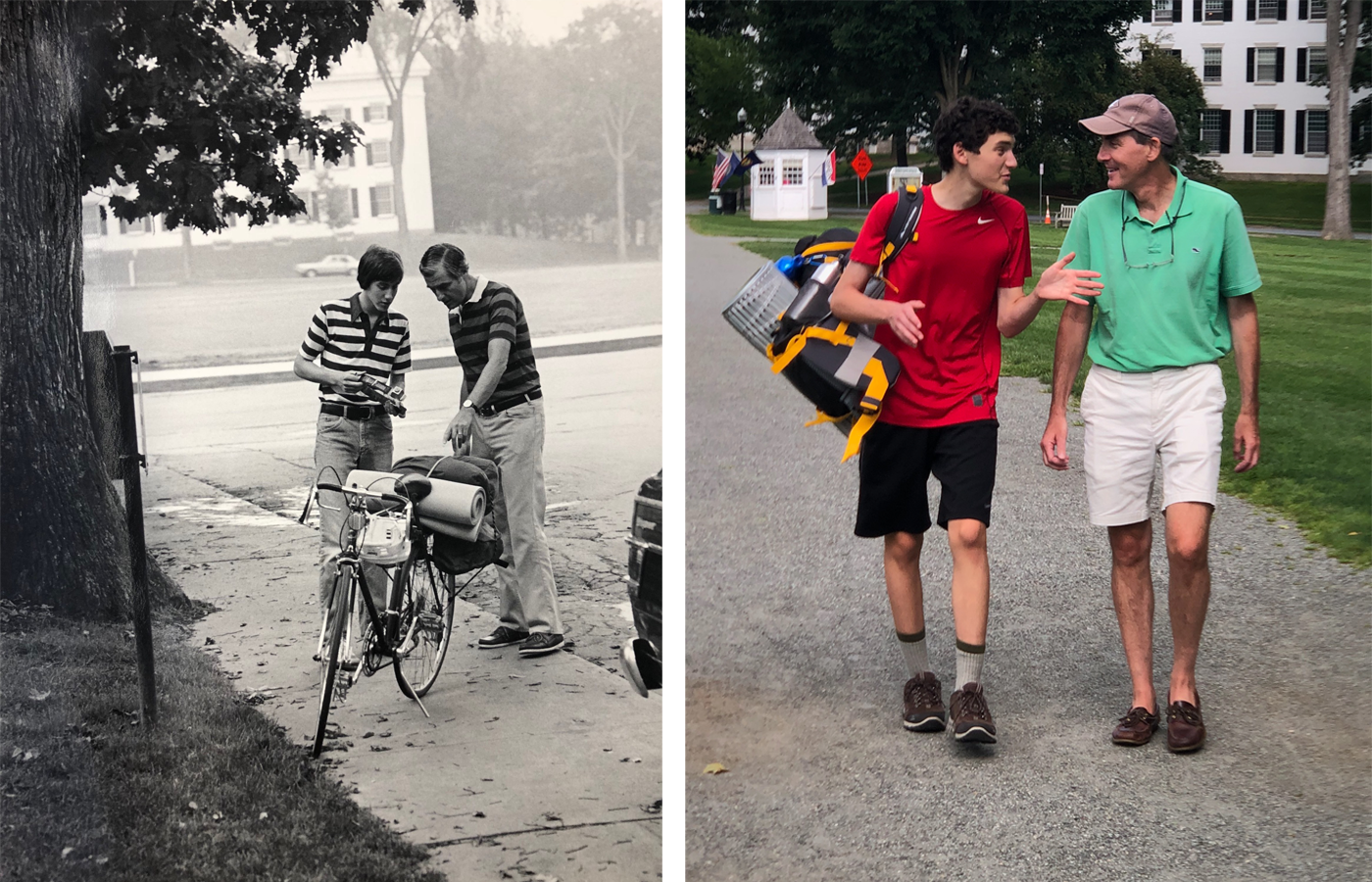 A young man and his father working on a bike outside of Dartmouth Hall. A young man and hsi father strolling along a path in front of Dartmouth Hall.