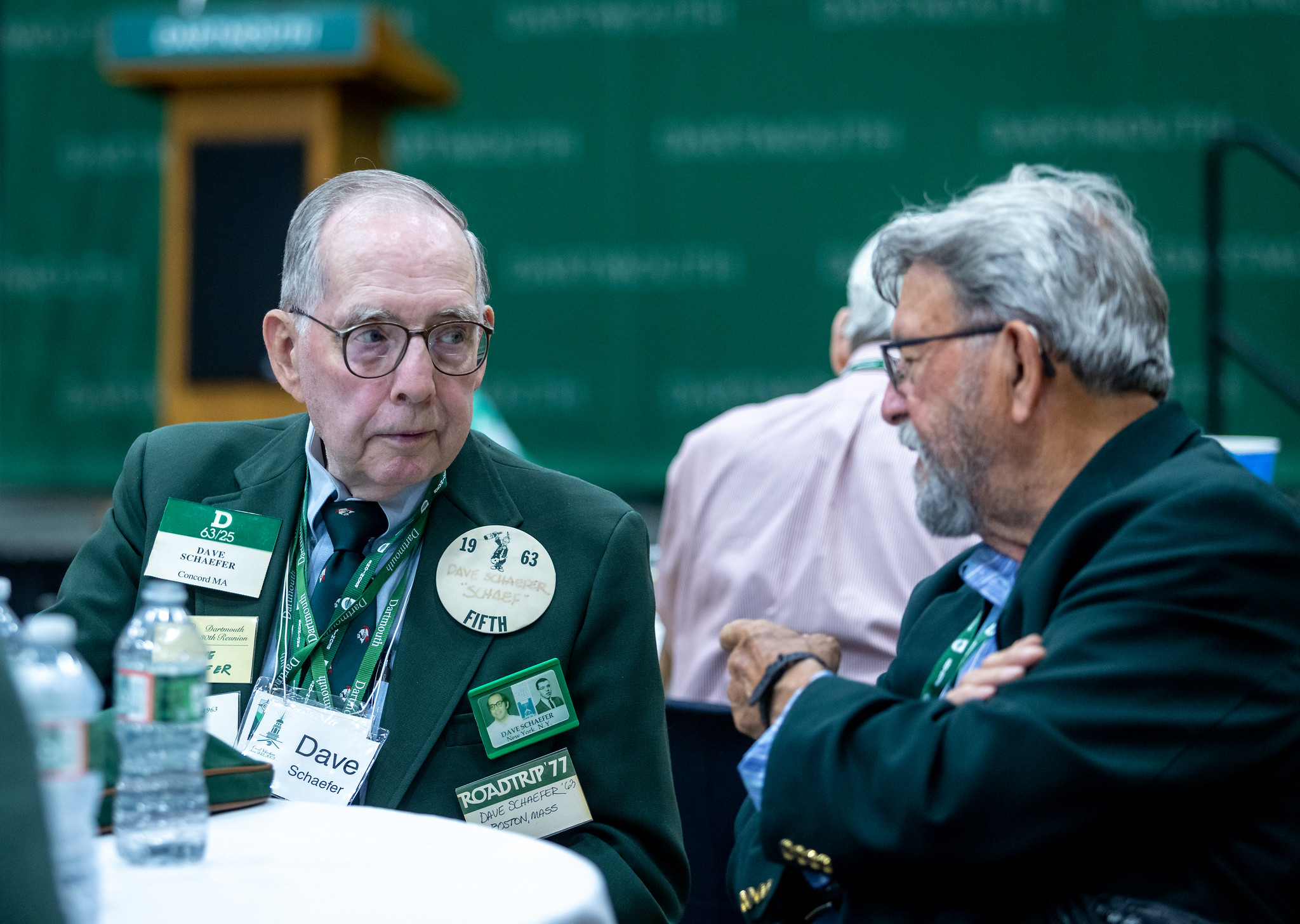 Class of 63 member wearing many different name tags