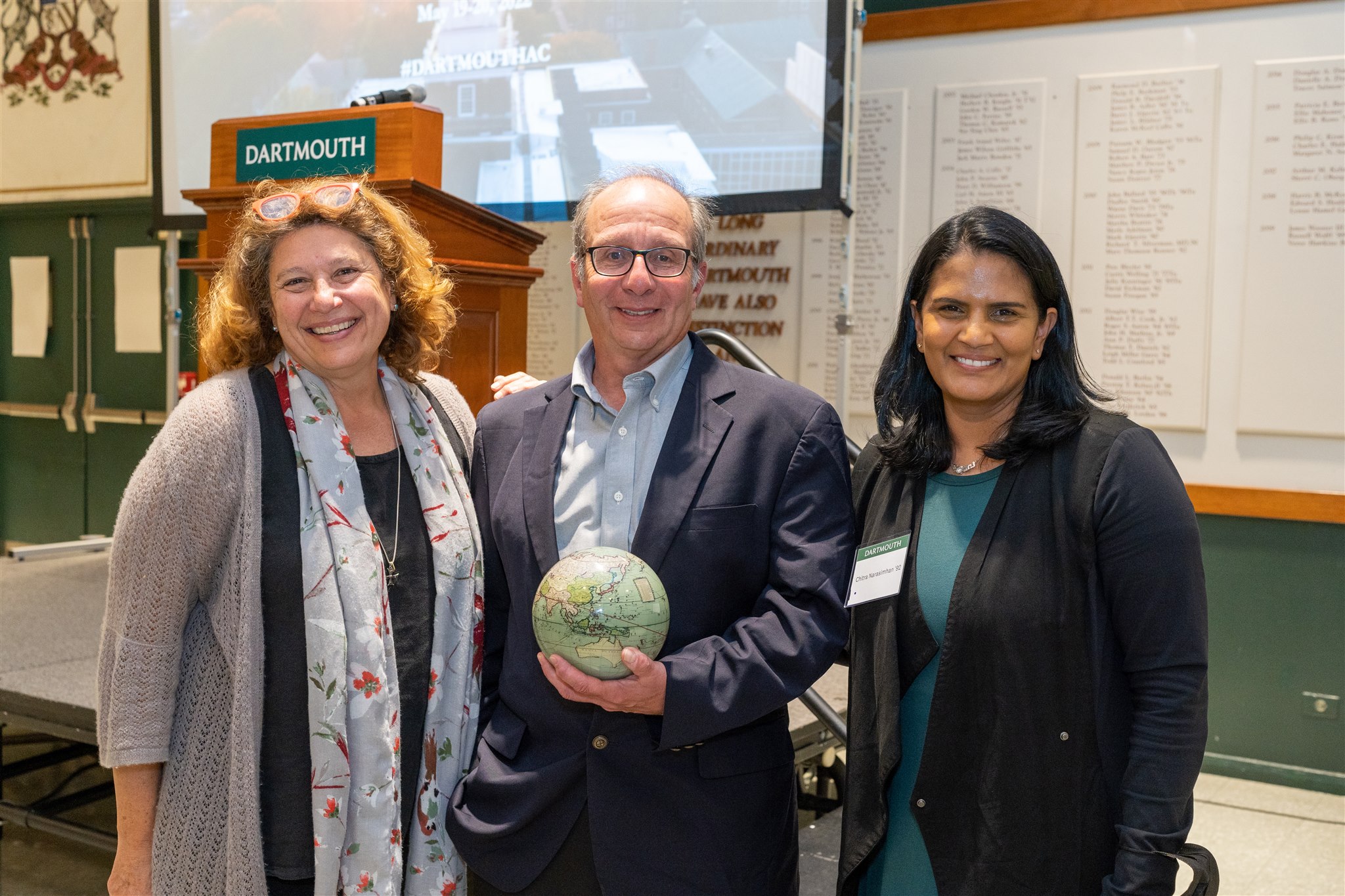 Helene Rassias-Miles ‘78a GR’08 (daughter of John Rassias), 2020 Award Recipient Michael Mastanduno, and Alumni Council President-elect and chair of the Lifelong Learning Committee Chitra Narasimhan ‘92
