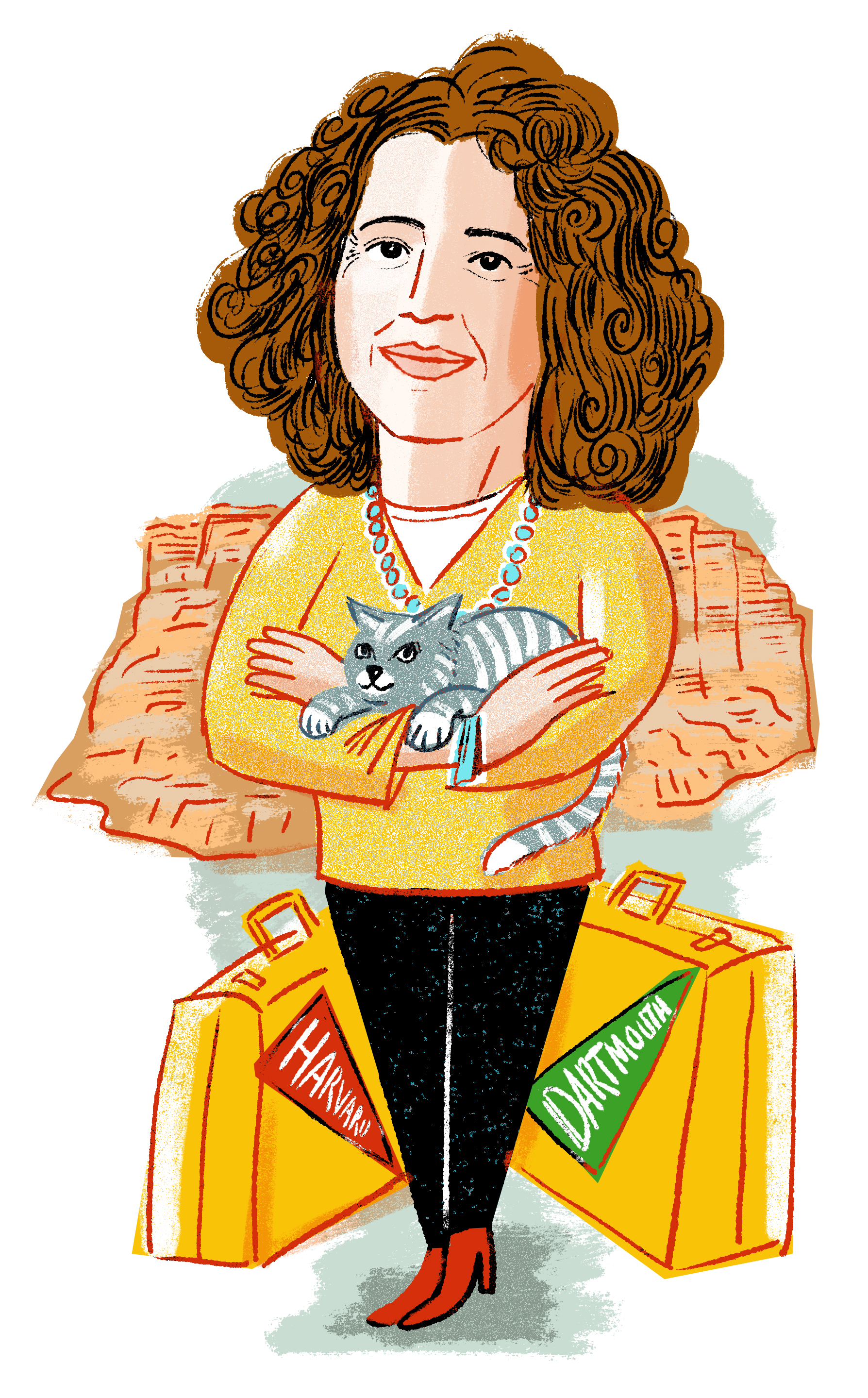 Illustration of Carmen Lopez with two suitcase, one with a Dartmouth penant on the side and one with a Harvard penant.