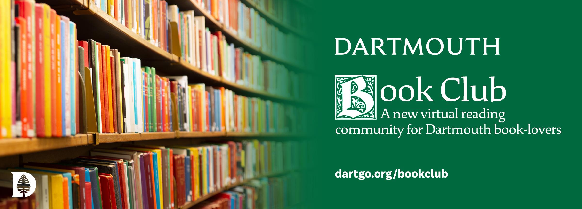 Banner promotion for Dartmouth book club with photo of bookshelves