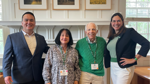  Photo, Left to right: Haldeman Family Director of Athletics and Recreation Mike Harrity, Diana and Stephen Lewinstein ’63 P’98, President Sian Leah Beilock