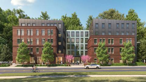 Exterior rendering of a residence hall on West Wheelock