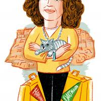 Illustration of Carmen Lopez with two suitcase, one with a Dartmouth penant on the side and one with a Harvard penant.
