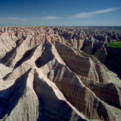 Aerial view of Badlands topography in South Dakota.