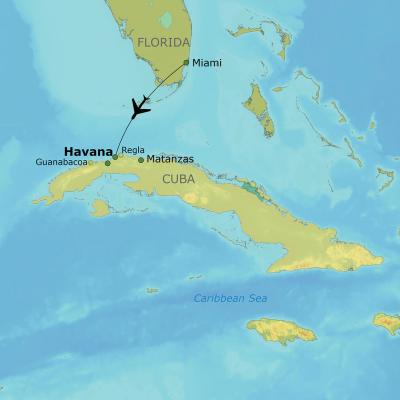 Map of Cuba with itinerary destinations