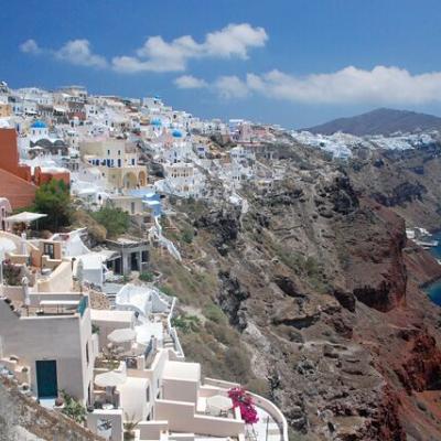 View of the cliffside homes and buildings in Santorini, Greece