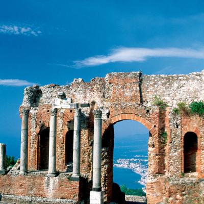 Ruins of Greek Roman theater in Taormina, Sicily